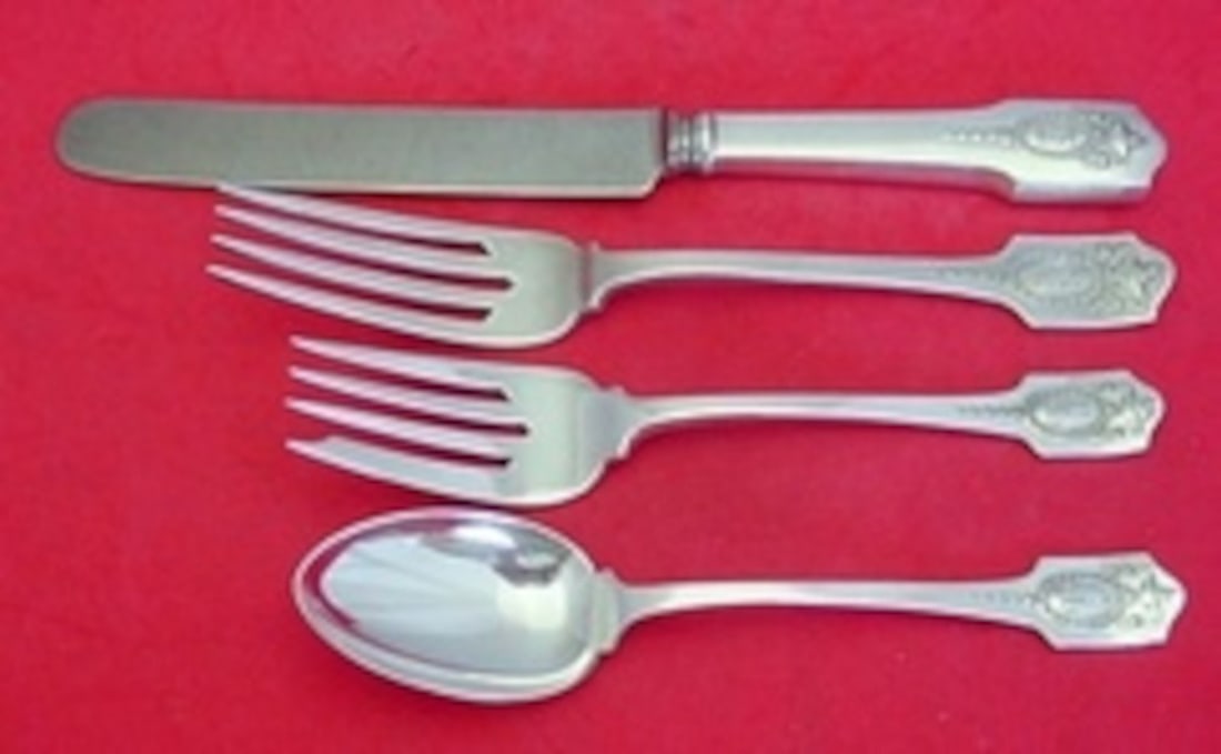 Shreve Adam Sterling Silver 4-Piece Dinner Flatware Set: Shreve Adam Sterling Silver 4-Piece Dinner Flatware Set Enhance your dining experience with this exquisite 4-piece dinner size place setting from the Adam pattern by Shreve. Crafted from high-quality 