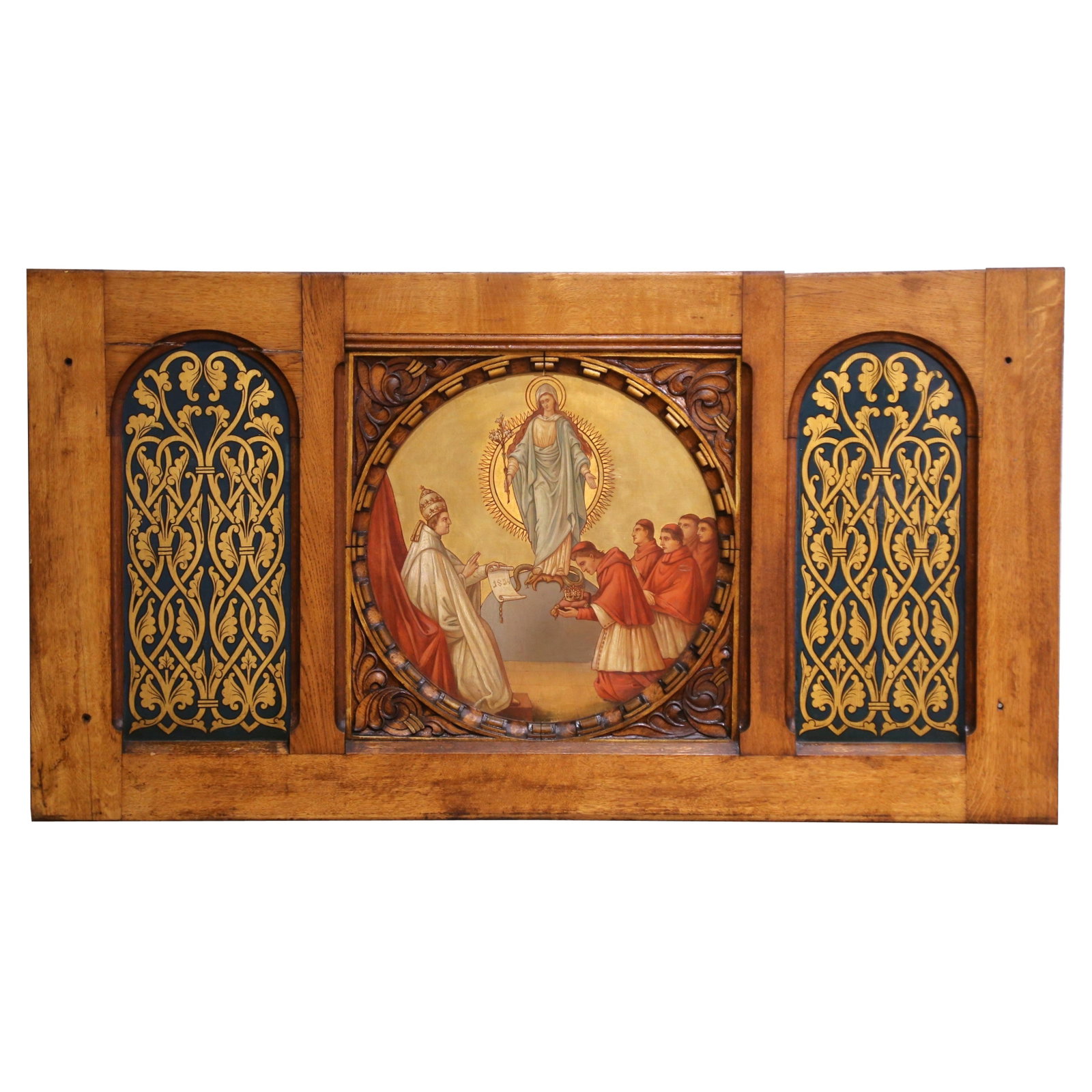 19th Century French Gothic Walnut Altar Panel with Marian Imagery: 19th Century French Gothic Walnut Altar Panel with Marian Imagery This remarkable 19th Century French Gothic hand-painted altar panel showcases exquisite Marian imagery and intricate Gothic Revival de
