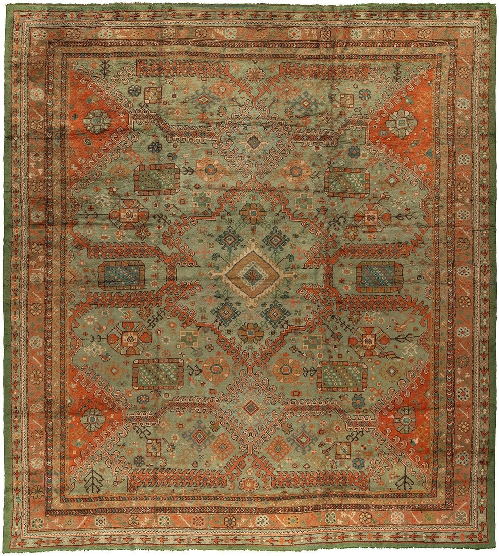 13' 2" x 14' 9" Irish Donegal square rug green pumpkin: 13' 2" x 14' 9" Irish Donegal square rug green pumpkin Early 20th century Irish Donegal rug with a large square format and an intricate patterned design in leprechaun green and pumpkin tones. This pre