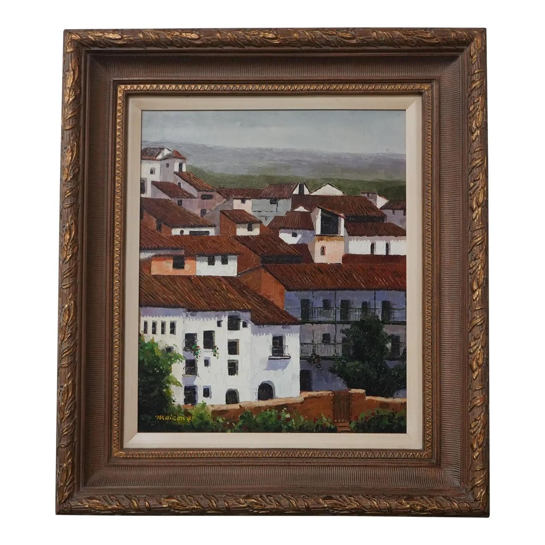 Framed Mediterranean Village Oil on Canvas Signed Maison (1 of 10)