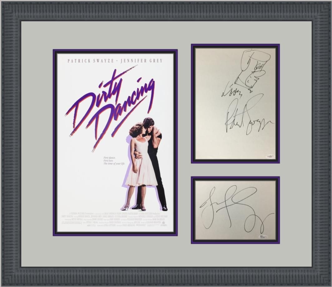 Dirty Dancing Custom Framed Art Signed by Patrick Swayze Jennifer Gray JSA: Dirty Dancing Custom Framed Art Signed by Patrick Swayze Jennifer Gray JSA This stunning custom framed artwork features a self-portrait from the iconic movie "Dirty Dancing," signed by both Patrick Sw