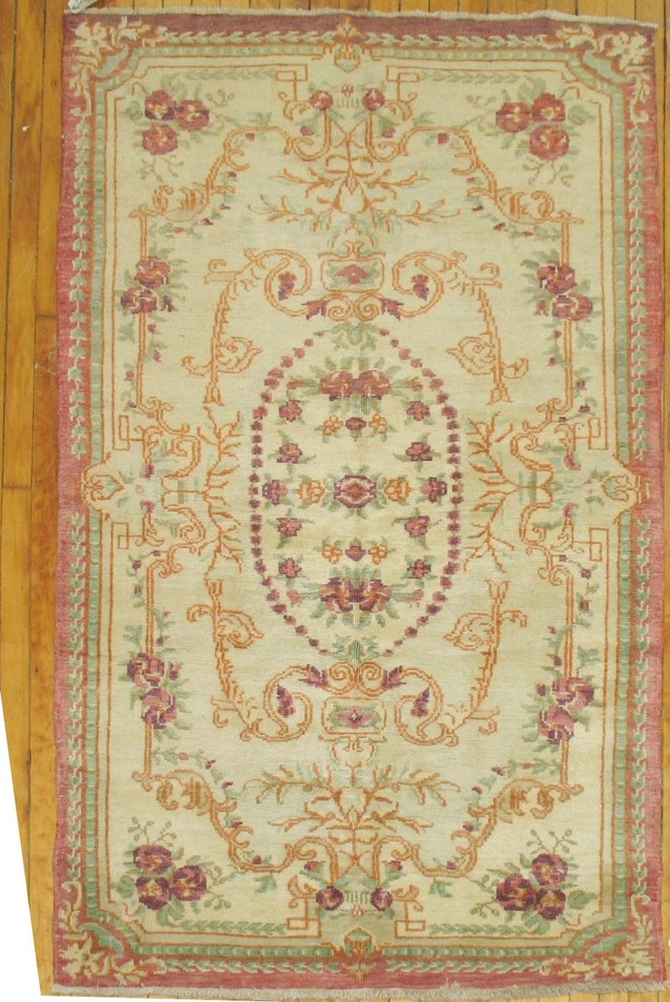 3' 9" x 6' 2" Floral Ghiordes Rug Turkish: 3' 9" x 6' 2" Floral Ghiordes Rug Turkish Mid 20th century floral Turkish Ghiordes rug in ivory and pink tones. This pre-owned small rug features a classic Ghiordes design. Specifications Origin: Turk