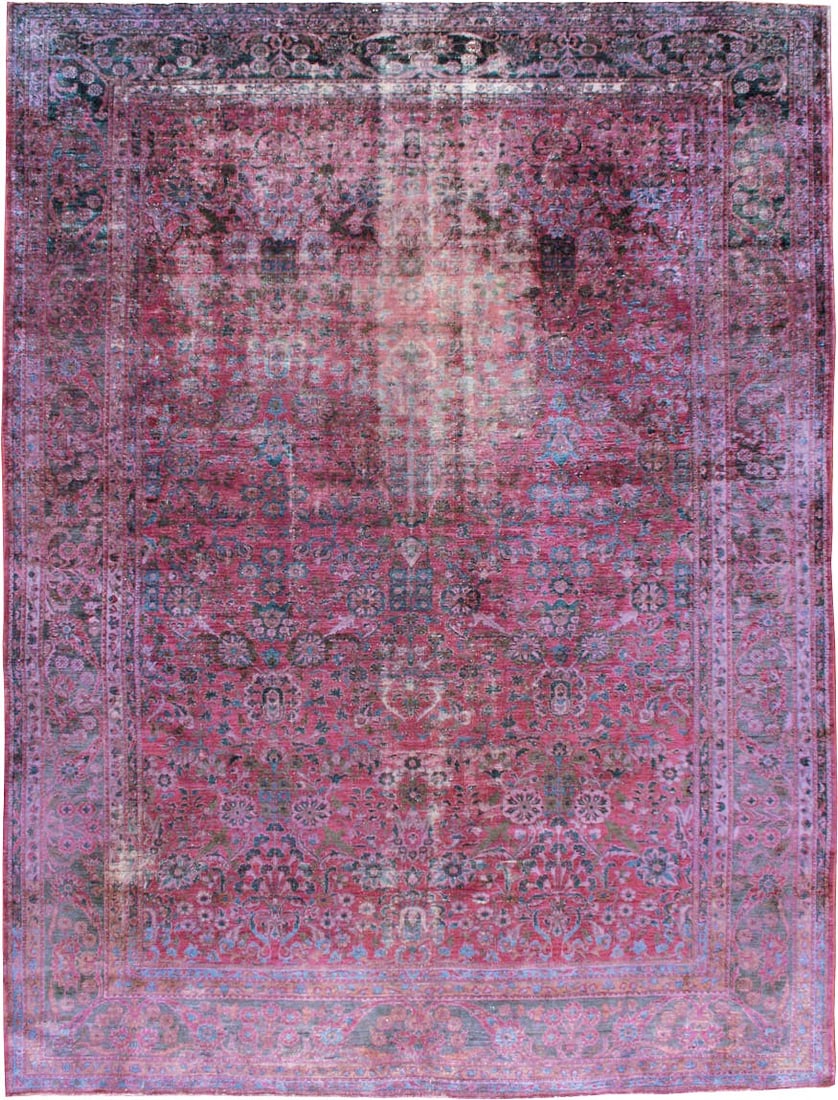 11' x 14' 6" Persian Lilihan Overdyed Room Rug in Wine and Blue: 11' x 14' 6" Persian Lilihan Overdyed Room Rug in Wine and Blue Early 20th century Persian Lilihan overdyed worn rug with an ethereal look in wine red and cerulean blue. This oversize room rug is desc