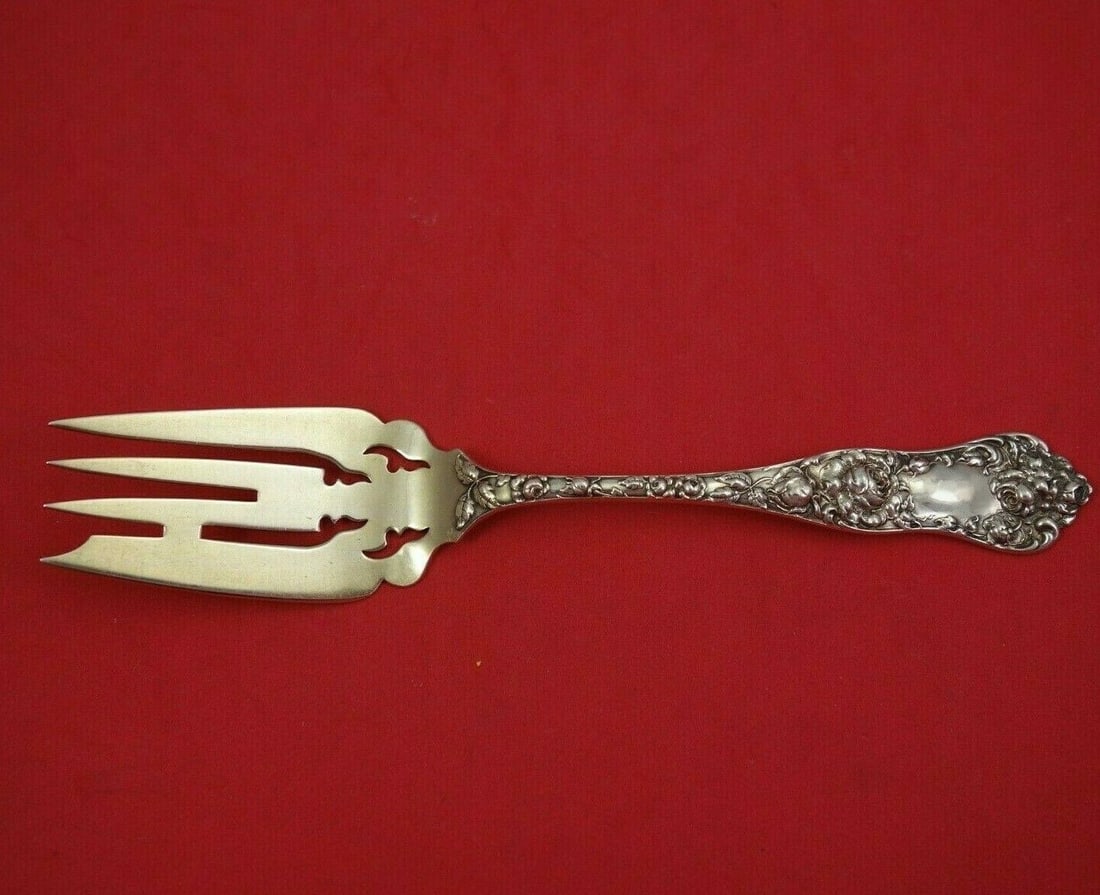 Shiebler American Beauty Sterling Silver Cold Meat Fork 7 3/8 Inch: Shiebler American Beauty Sterling Silver Cold Meat Fork 7 3/8 Inch This exquisite serving fork, crafted by Shiebler, features the elegant American Beauty pattern. Made of high-quality sterling silver,