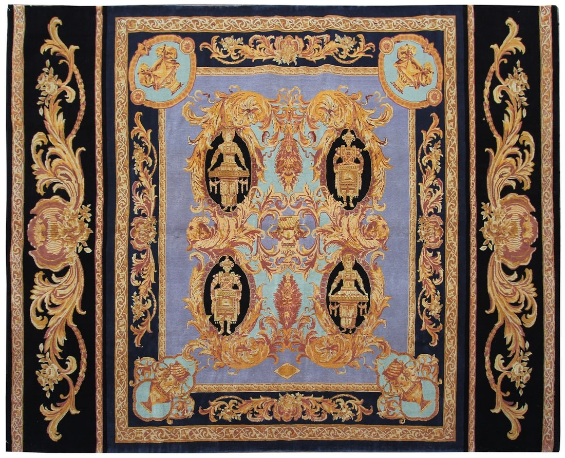 173cm x 178cm Handmade Wool Silk Baroque Revival Rug Vintage 1980s: 173cm x 178cm Handmade Wool Silk Baroque Revival Rug Vintage 1980s Vintage handmade wool and silk rug with a European Baroque design. This original 1980s piece features a light blue, gold, black, and 