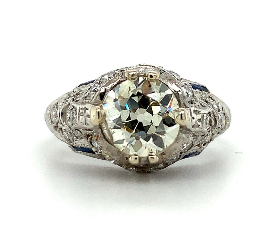 Art Deco Platinum 1.31ct Diamond Ring with Lab-Created Sapphires GIA #J5928 (1 of 13)