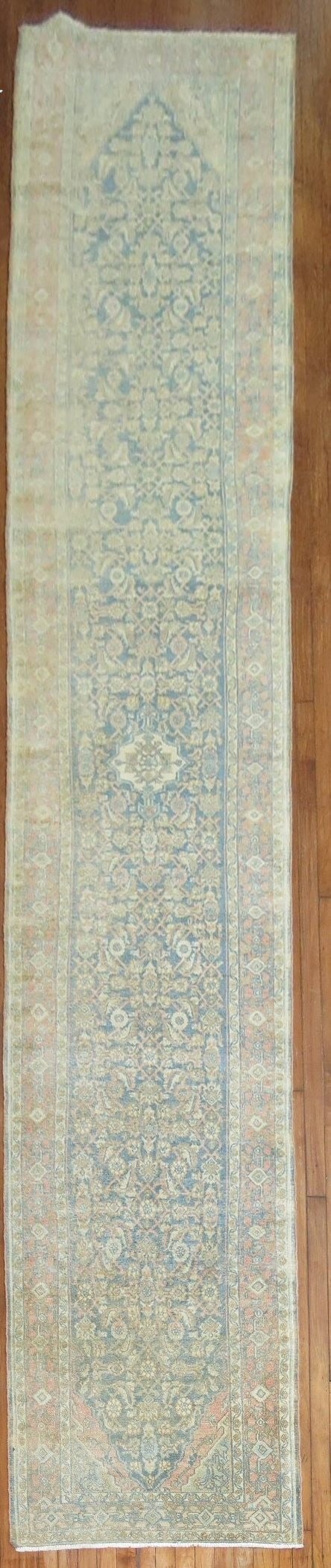 2' 10" x 17' 1" Persian Bibikabad rug runner: 2' 10" x 17' 1" Persian Bibikabad rug runner Early 20th century Persian Bibikabad runner in a soft blue colorway. This pre-owned rug is identified as a Bibikabad runner. Specifications Origin: Persian