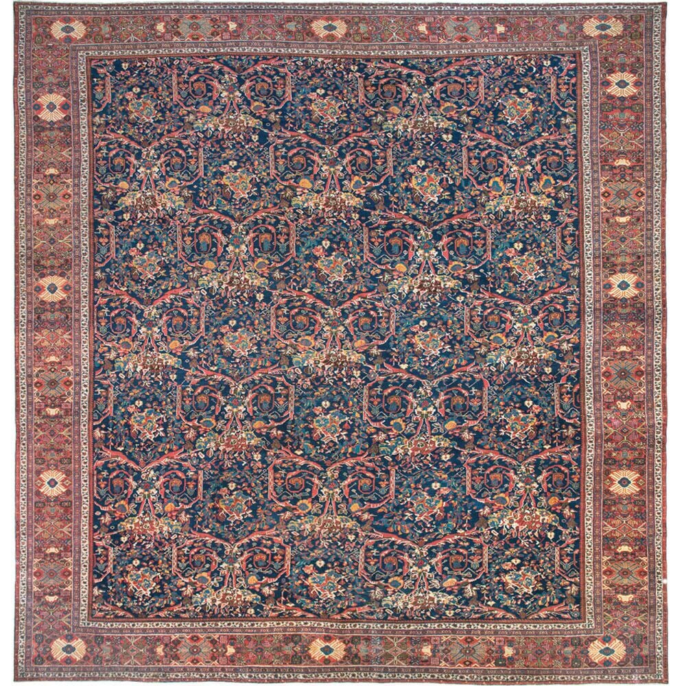 17' 6" x 19' Persian Sultanabad Mahal Square Carpet: 17' 6" x 19' Persian Sultanabad Mahal Square Carpet Early 20th century Persian Mahal carpet featuring an all-over floral mustafi design. This rare large square example is a pre-owned oversize rug. Spe
