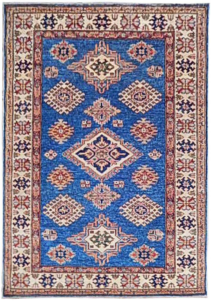 Handwoven 4 x 5.3 Super Wool Kazak Rug in Vibrant Blue: Handwoven 4 x 5.3 Super Wool Kazak Rug in Vibrant Blue Free continental US Shipping Elevate your living space with our 4' x 5.3' Super Wool Quality Kazak Rug in a stunning blue hue. This exquisite are