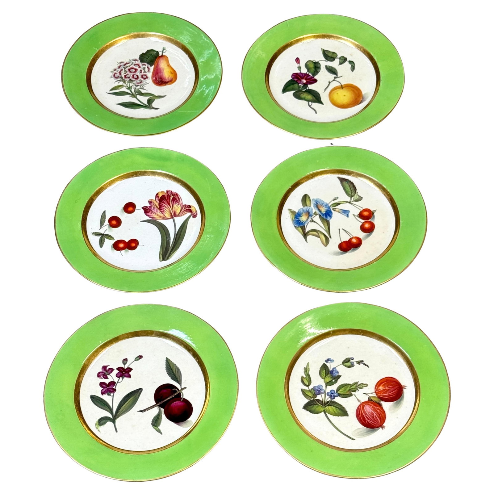 Set of 6 Early 19th Century French Botanical Dessert Plates by Darte Freres: Set of 6 Early 19th Century French Botanical Dessert Plates by Darte Freres This exquisite set of six early 19th-century French dessert plates showcases stunning botanical artistry. Attributed to Dart