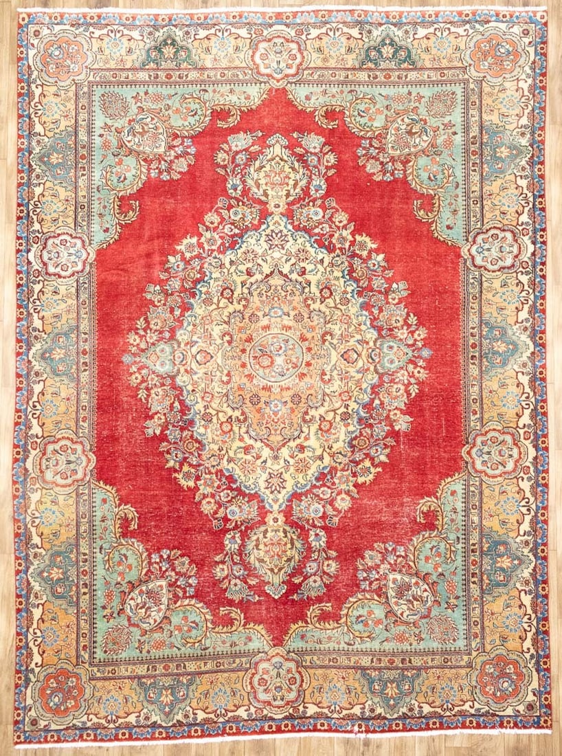 Hand Knotted Wool Floral Area Rug 9'6-9'10 x 13'1 Muted Colors: Hand Knotted Wool Floral Area Rug 9'6-9'10 x 13'1 Muted Colors This semi-antique hand-knotted Oriental rug features a traditional floral pattern in muted tones of red, cream, light blue, and light gre