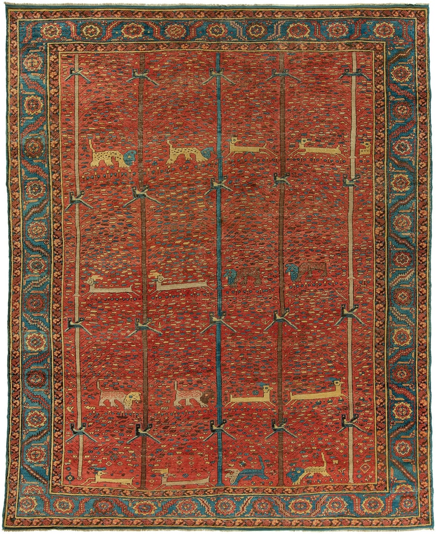9' 4" x 11' 6" Pictorial Bakshaish Room Rug c. 1850-1870: 9' 4" x 11' 6" Pictorial Bakshaish Room Rug c. 1850-1870 Rare 19th century pictorial Bakshaish rug featuring different animals woven within the field. Dating to circa 1850-1870, this pre-owned room-si