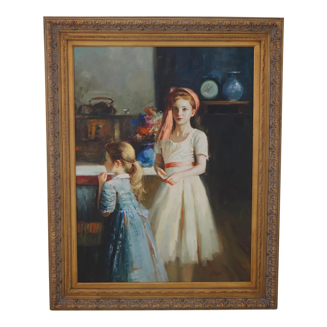 Large Oil on Canvas Painting Signed by Kramer Featuring Two Girls: Large Oil on Canvas Painting Signed by Kramer Featuring Two Girls This large oil painting on canvas features a vibrant depiction of two girls, signed by the artist Kramer. The artwork is characterized