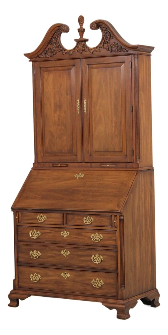 Walnut blind door secretary desk by Henkel Harris: Walnut blind door secretary desk by Henkel Harris Walnut secretary blind door desk with a two-piece design and a fitted interior. Features include pull-out candle slides, a key-locking compartment wit