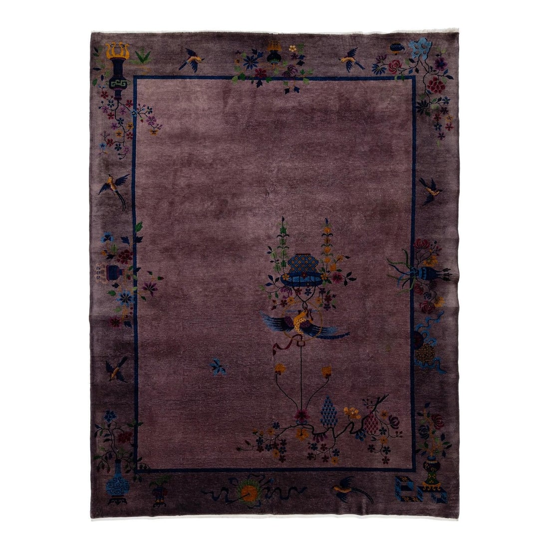 9x12 Chinese Art Deco Wool Rug in Aubergine with Floral Bird Design: 9x12 Chinese Art Deco Wool Rug in Aubergine with Floral Bird Design Antique Chinese Art Deco wool rug from the circa 1920s, featuring a rare saturated plum or aubergine field with a delicate floral an