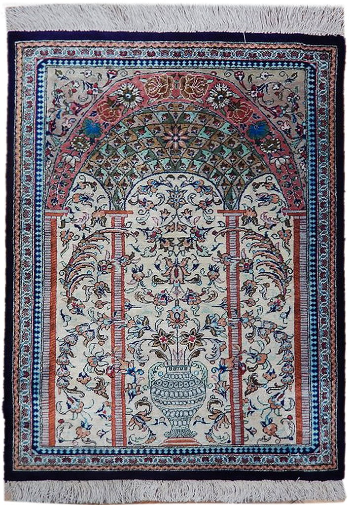 1.10 x 2.7 Handwoven Persian Qum Silk Area Rug Ivory: 1.10 x 2.7 Handwoven Persian Qum Silk Area Rug Ivory Free continental US Shipping Experience the timeless elegance of this 2' x 3' Genuine Persian Qum Silk Rug, expertly handwoven in Qum, Iran. This l