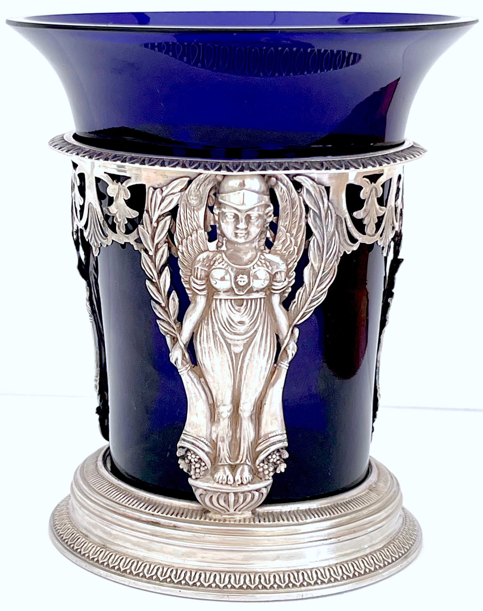 18th Century French Silver Vase with Cobalt Glass Liner 1798: 18th Century French Silver Vase with Cobalt Glass Liner 1798 This exquisite 18th Century Silver & Cobalt Glass Vase, crafted during the French 1st Republic in Paris in 1798, is a striking example of N