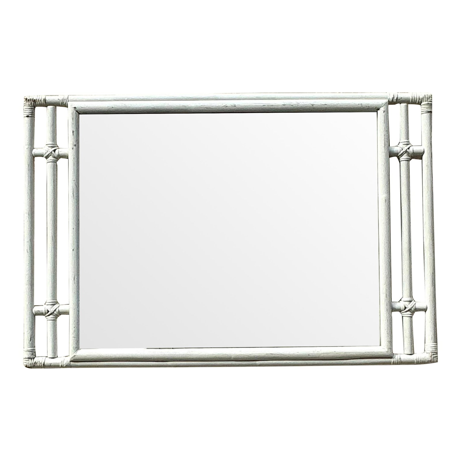 Vintage Coastal Rattan Mirror 45.5" W White Handcrafted Home Decor: Vintage Coastal Rattan Mirror 45.5" W White Handcrafted Home Decor Experience the essence of coastal charm with this stunning vintage rattan mirror. Featuring an intricate woven frame and airy, openwo