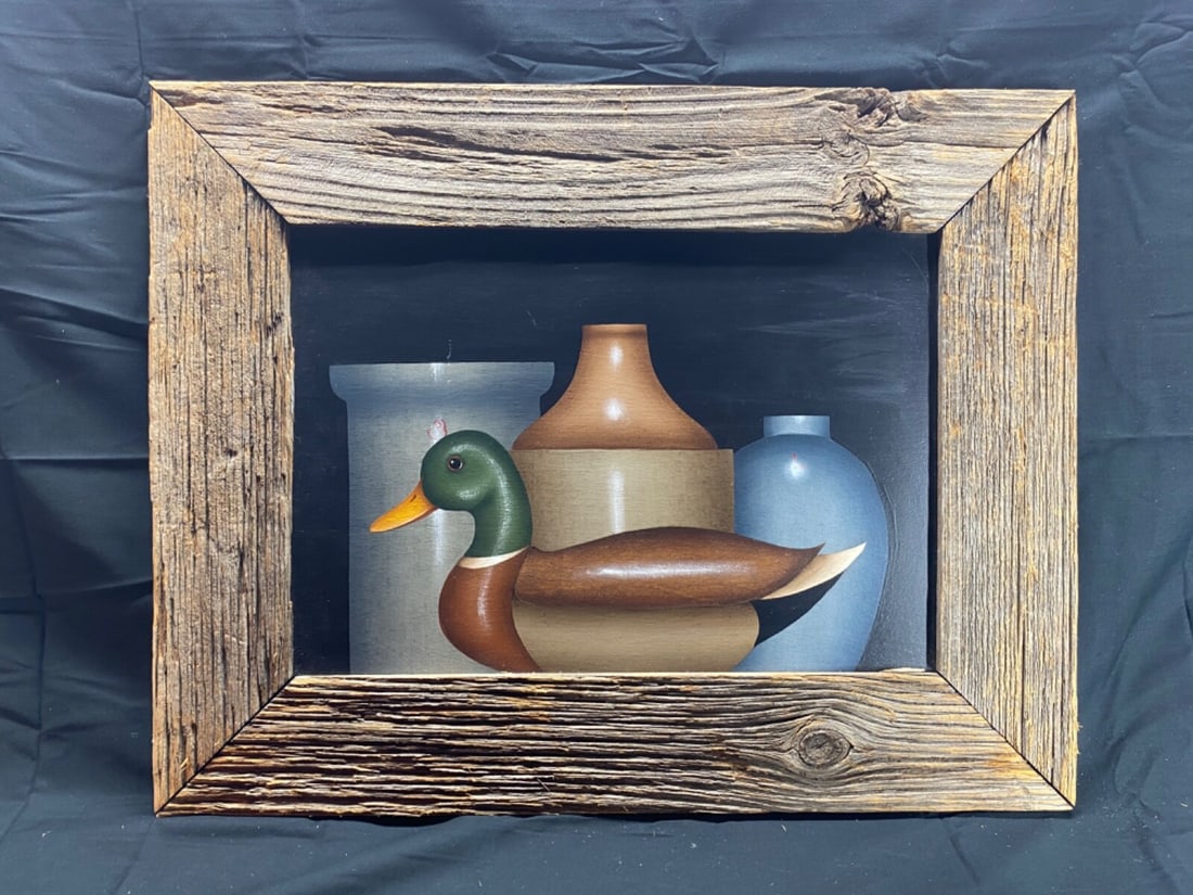 Signed Folk Art Acrylic Painting of Duck Decoy and Stoneware Crocks (1 of 9)