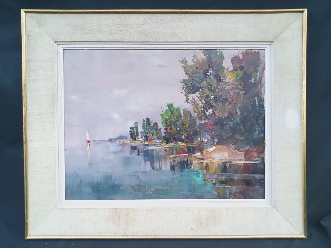 Framed French Harbor Seascape Oil Painting by Henri Moreillon (1 of 18)