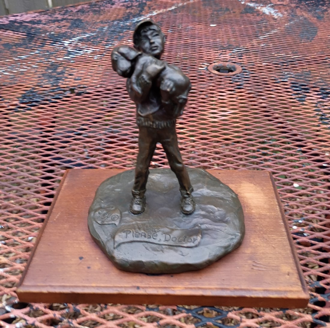 Joy 1976 Please Doctor bronze sculpture boy with sick dog: Joy 1976 Please Doctor bronze sculpture boy with sick dog Vintage bronze sculpture titled "Please Doctor," depicting a boy with a sick dog. This original 1976 work is signed "Joy 1976" and is edition 