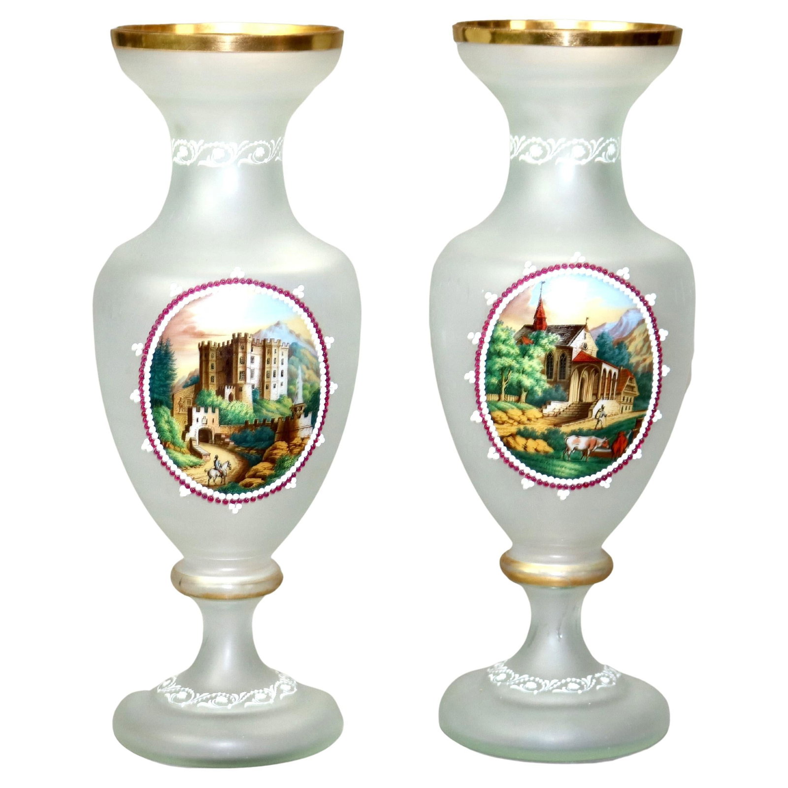 Set of 2 Antique Hand Painted Glass Clamshell Vases C1890 (1 of 9)