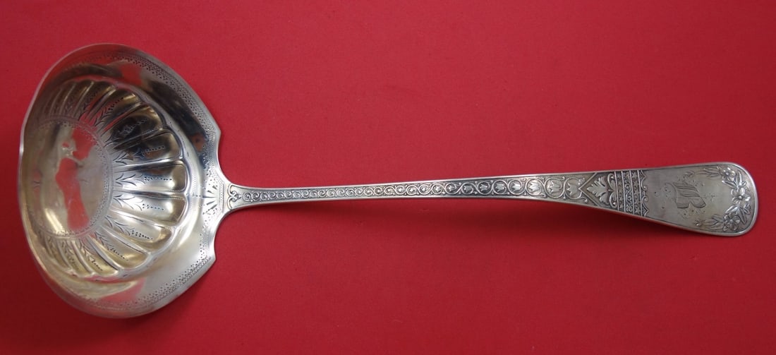 Schulz & Fischer Templar Sterling Silver Soup Ladle 13.5 Bright-Cut: Schulz & Fischer Templar Sterling Silver Soup Ladle 13.5 Bright-Cut This exquisite sterling silver soup ladle, crafted by Schulz & Fischer during the period of 1850-1899, features a bright-cut design 