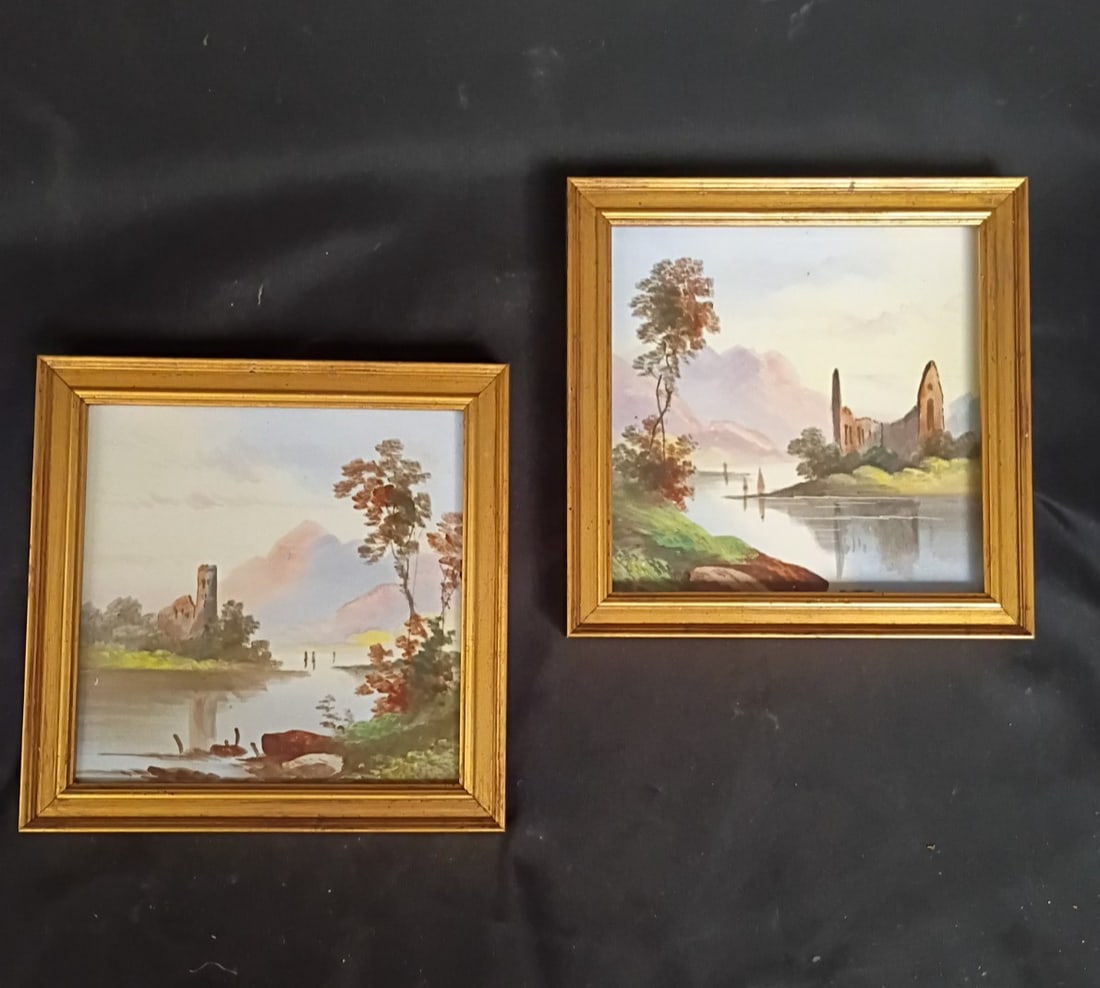 Framed pair of 6 inch Victorian hand painted Scottish landscape tiles (1 of 6)