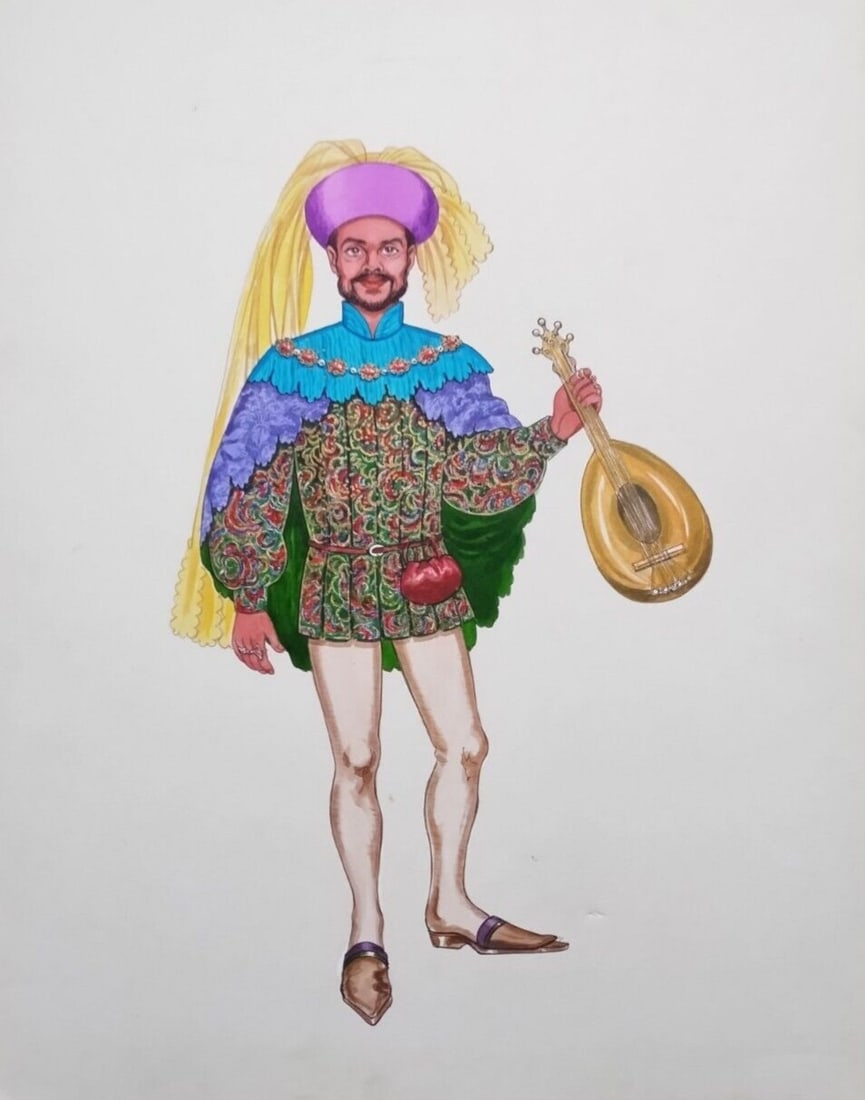 Vintage Medieval Minstrel Costume Design Watercolor by Rachel C 14 x 18 (1 of 8)