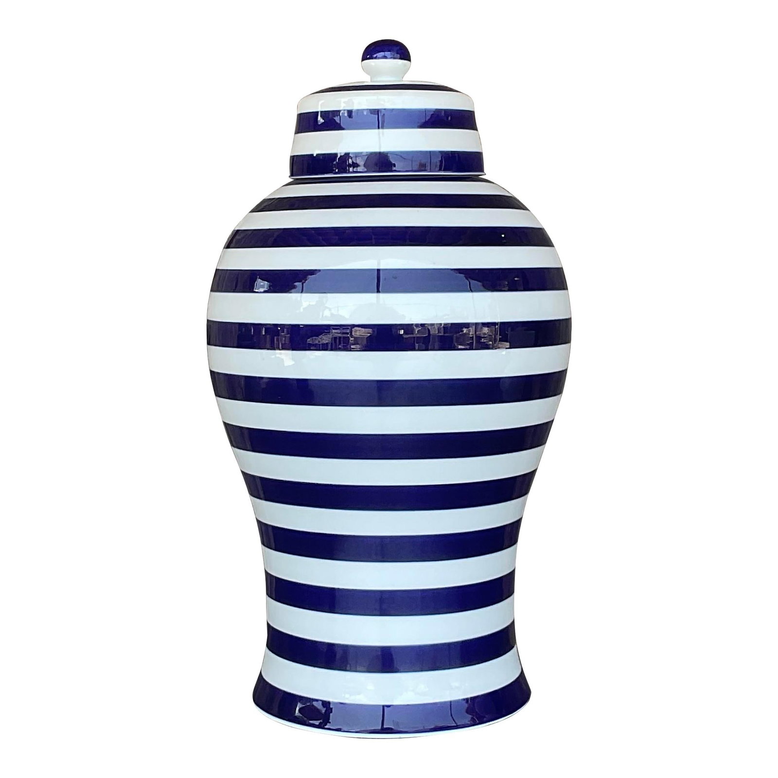 Chic Vintage Striped Ceramic Ginger Jar 18.5 inches: Chic Vintage Striped Ceramic Ginger Jar 18.5 inches This stunning vintage contemporary ginger jar features a chic striped design with a glossy glazed ceramic finish. Originally acquired from a Palm Be