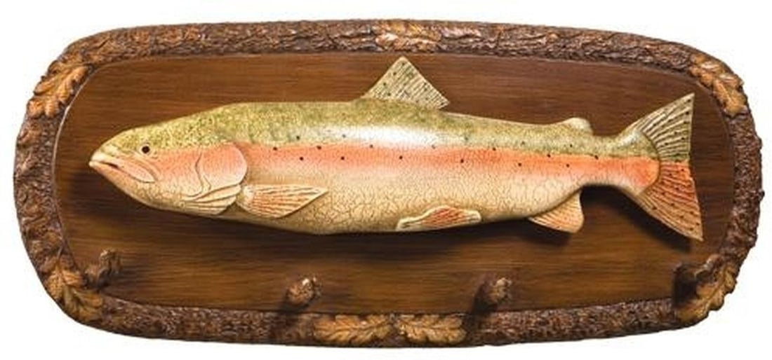 Hand-Cast Lodge Style Coat Hook Trout Oak Design 4-Hook: Hand-Cast Lodge Style Coat Hook Trout Oak Design 4-Hook This item is made at time of order. Please allow 42 to 70 days for production. Enhance your home with this Hand-Cast Lodge Style Trout and Oak C