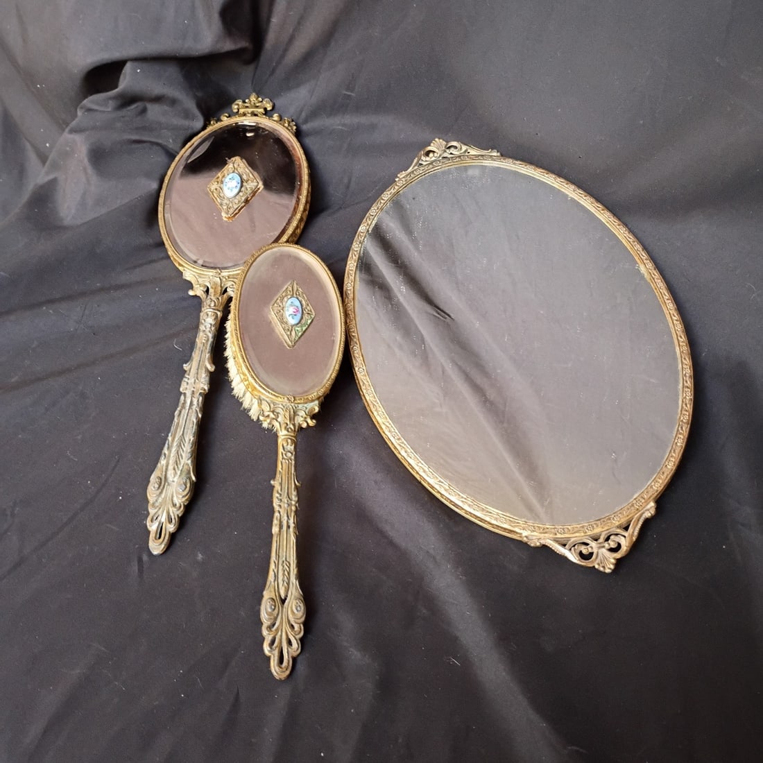 3 Piece Bronze Filigree Vanity Set Beveled Mirror Brush Hand Mirror Tray (1 of 14)