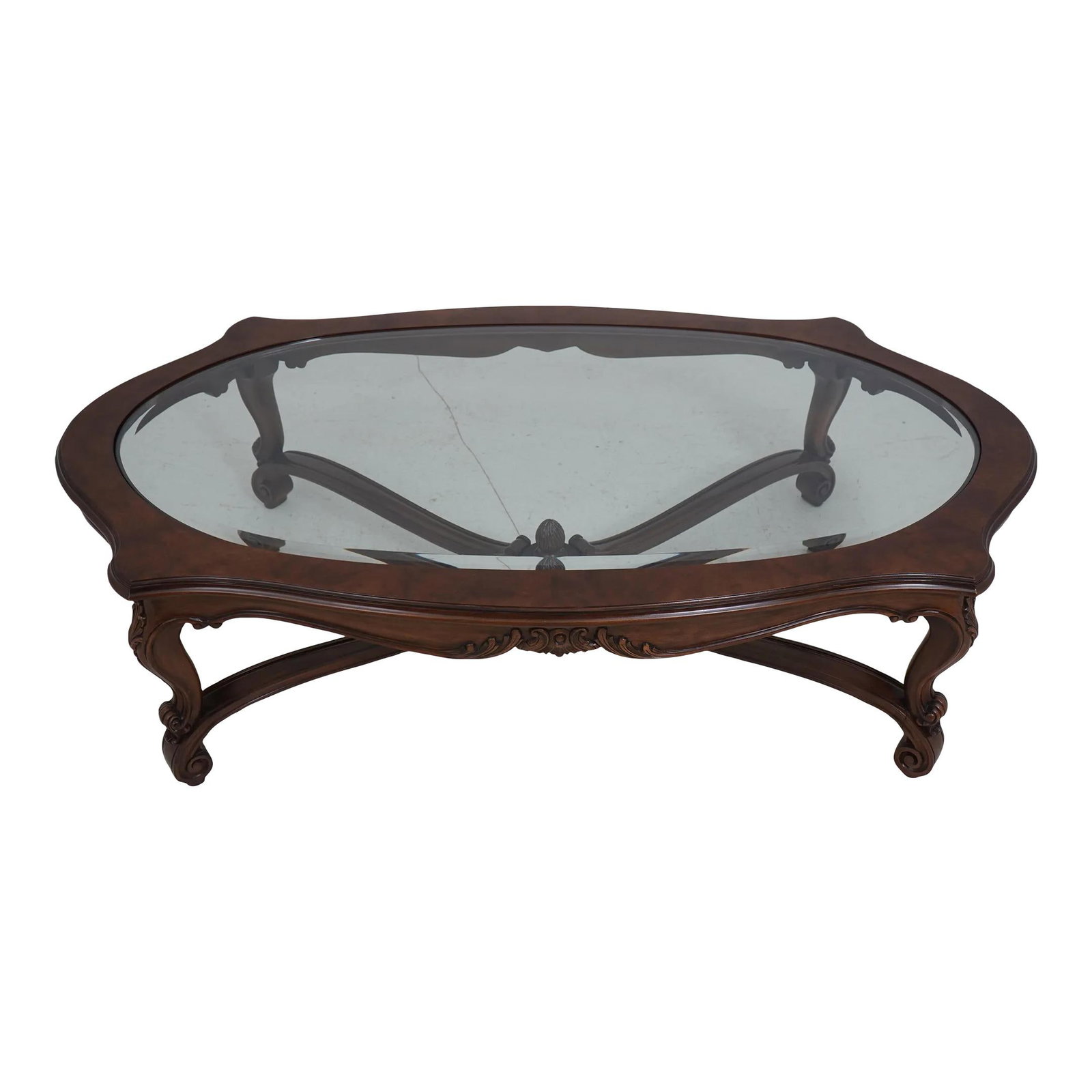 Karges French Walnut Coffee Table with Beveled Glass Top: Karges French Walnut Coffee Table with Beveled Glass Top This exquisite coffee table features a beautifully beveled glass top complemented by intricate carved details, showcasing high-quality construc