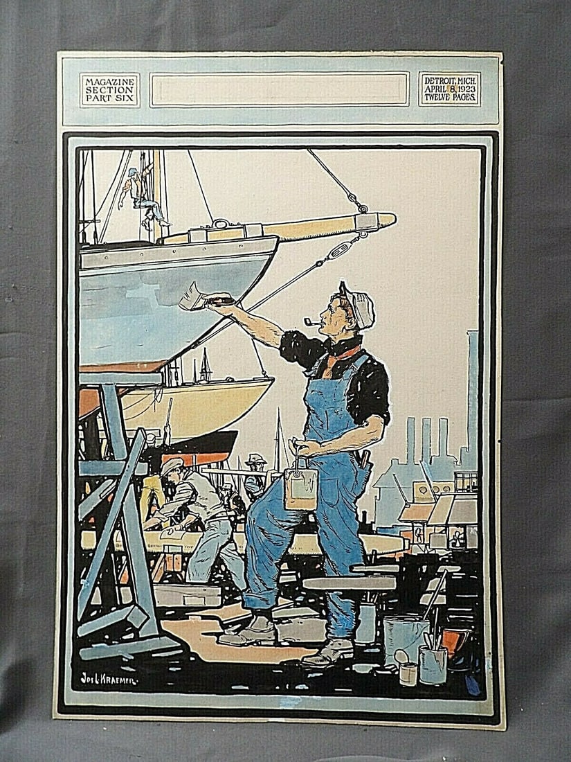 1923 Detroit dry dock boatyard illustration painting by Joseph L Kraemer: 1923 Detroit dry dock boatyard illustration painting by Joseph L Kraemer Original 1923 illustration painting by Joseph L. Kraemer depicting a Detroit boat yard with dry-docked sailboats being prepared
