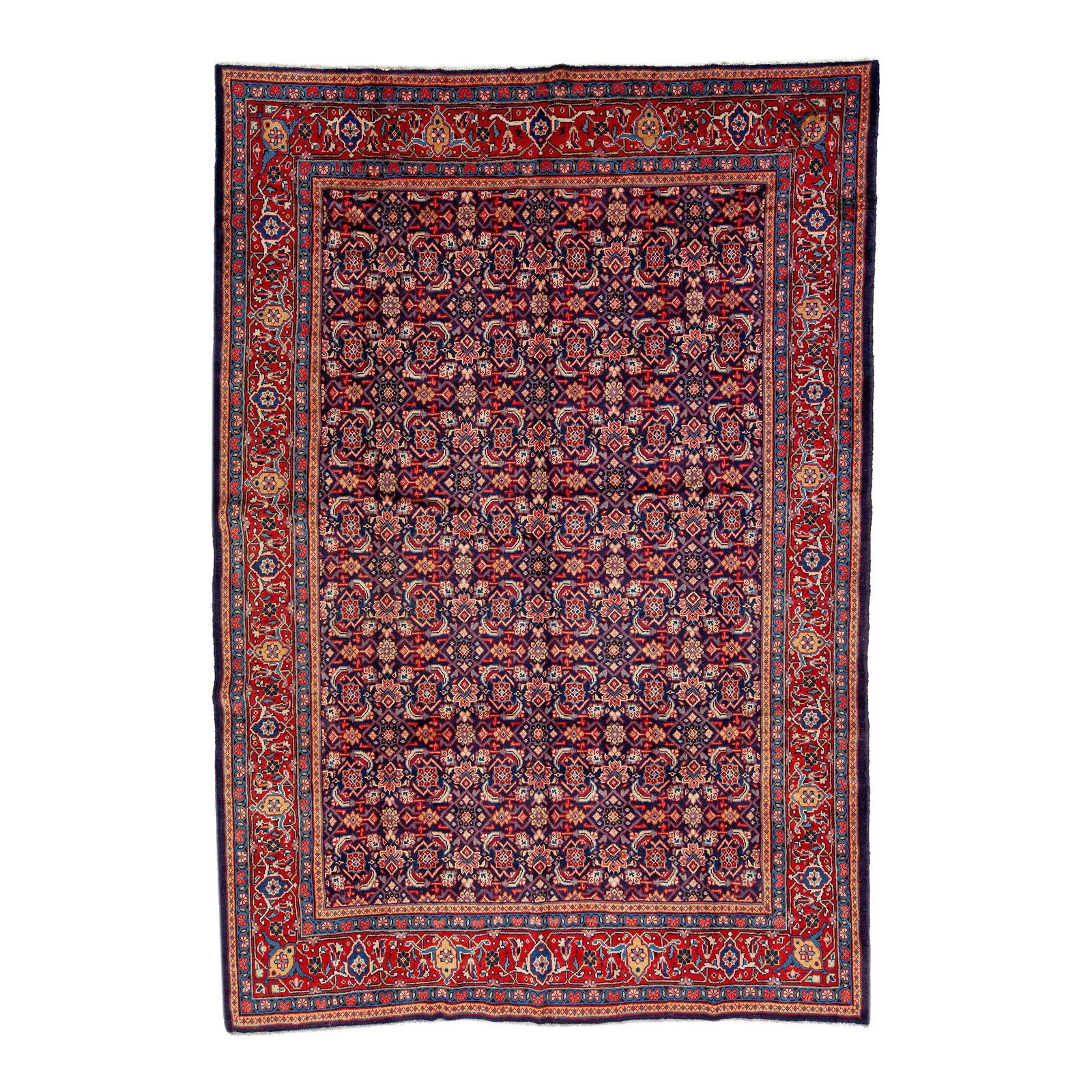 1960s Vintage Persian Mahal Navy Blue Wool Medallion Rug 7'10 x 11'3: 1960s Vintage Persian Mahal Navy Blue Wool Medallion Rug 7'10 x 11'3 Discover the elegance of this vintage Persian Mahal hand-knotted wool rug, featuring a stunning navy blue color with multicolor acc