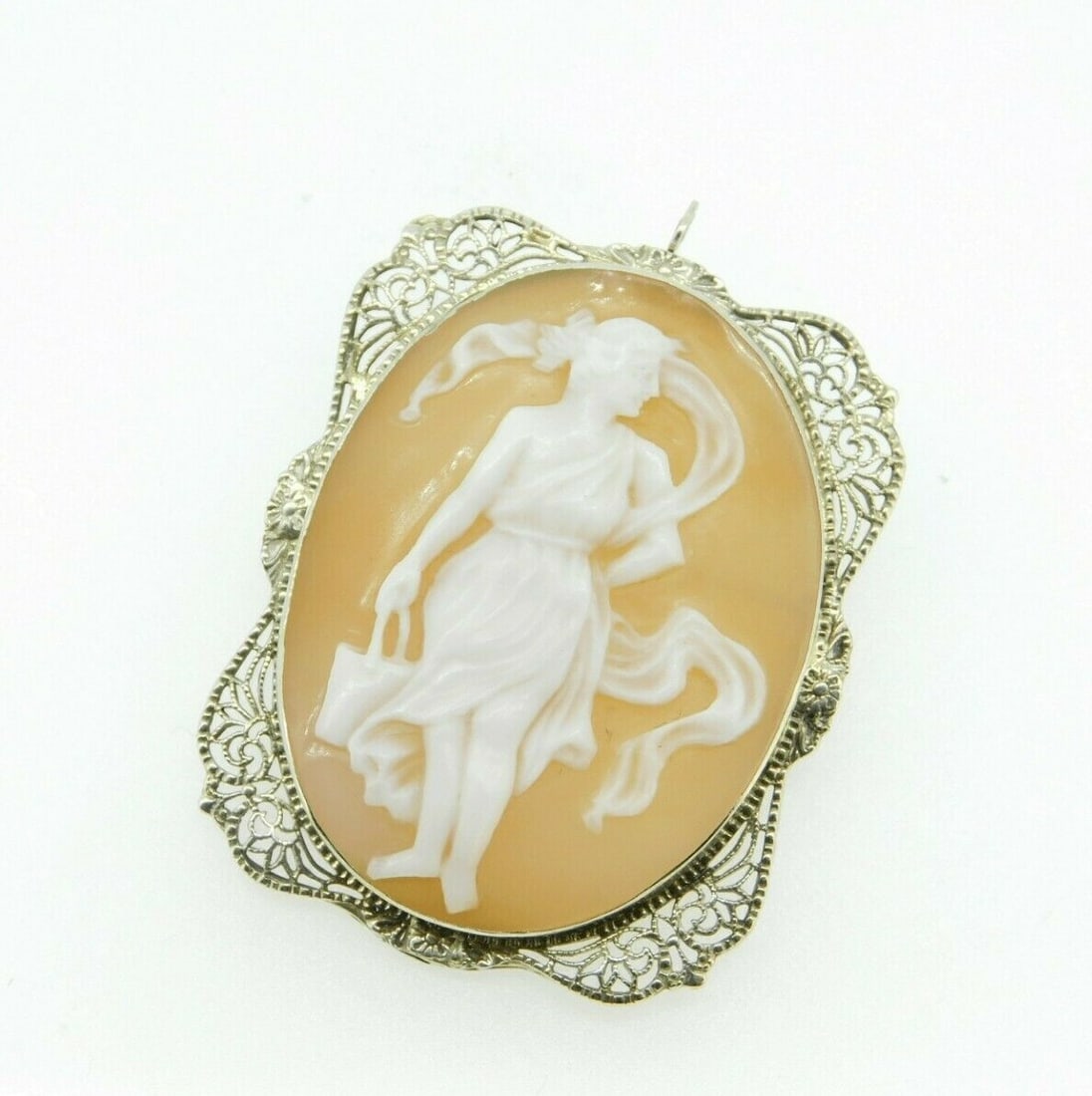 Art Deco 14k White Gold Filigree Shell Cameo Pin Pendant (1 of 8)
