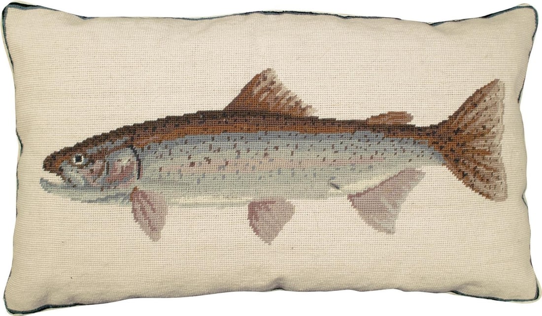 Hand-Made Wool Needlepoint Pillow Rainbow Trout Design 16x28 (1 of 1)