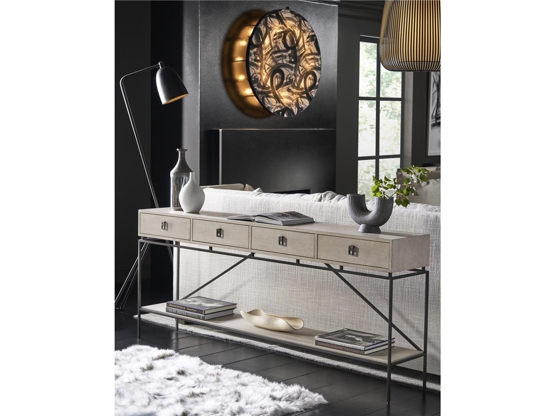 Universal Coalesce Collection Console in Rolling Fog Finish 34H x 80W x 14D: Universal Coalesce Collection Console in Rolling Fog Finish 34H x 80W x 14D Enhance your living space with the Coalesce Collection Console, designed for stylish interiors. This console features a slee
