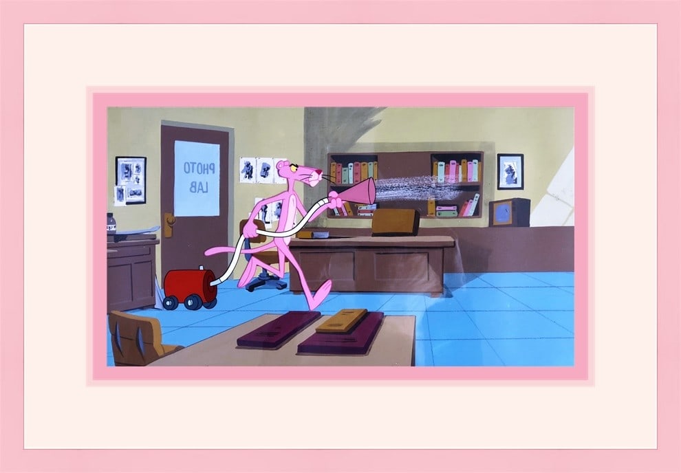 Large Pink Panther Hand Painted Production Cel Custom Framed 1970: Large Pink Panther Hand Painted Production Cel Custom Framed 1970 This stunning large Pink Panther hand-painted animation production cel captures the iconic character in vibrant detail. Created by Fre
