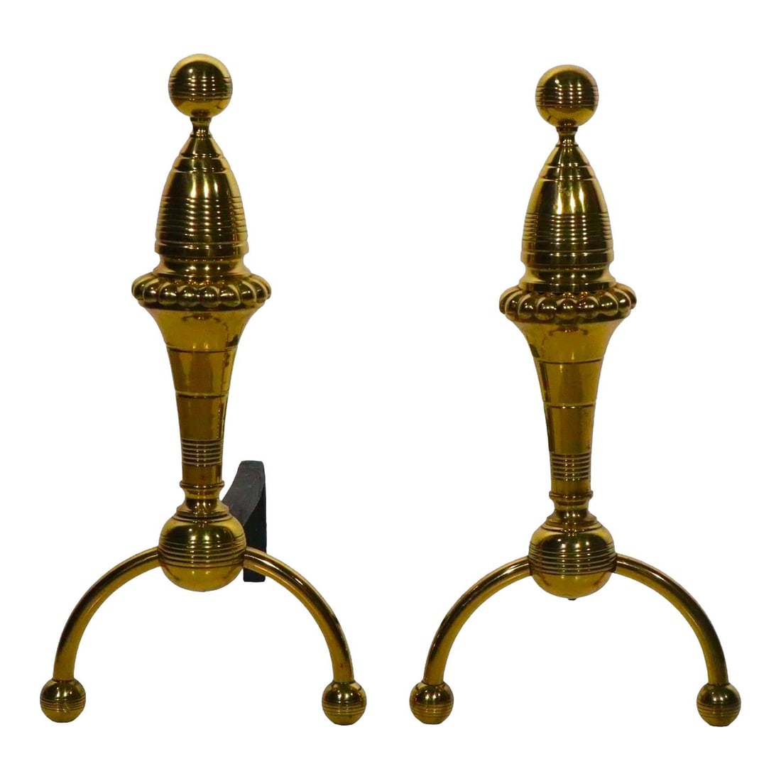 Aesthetic Movement Brass Andirons Inspired by Christopher Dresser: Aesthetic Movement Brass Andirons Inspired by Christopher Dresser This exceptional pair of Aesthetic Movement polished brass andirons showcases a design reminiscent of the renowned designer Christophe