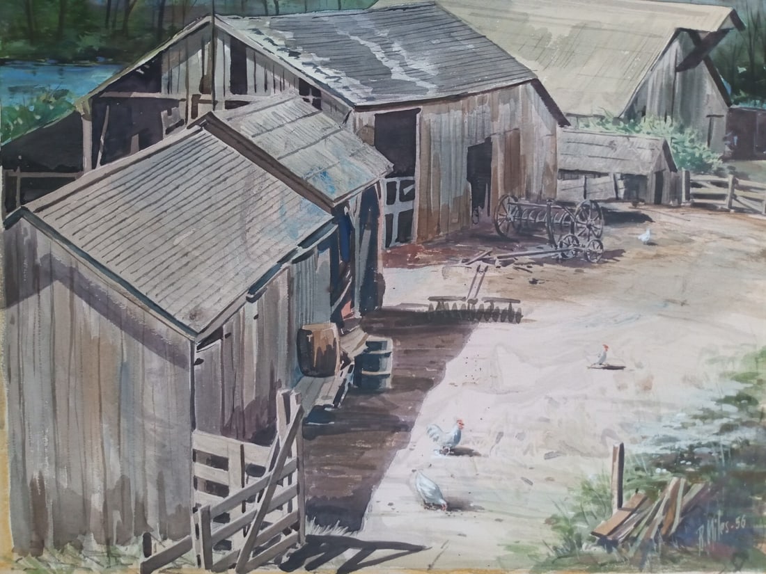 1955 Signed Watercolor Farm Painting Weathered Barns with Chickens: 1955 Signed Watercolor Farm Painting Weathered Barns with Chickens Original watercolor painting titled "Weathered Barns," depicting an old farm scene with chickens. The work is signed and dated 1955, 