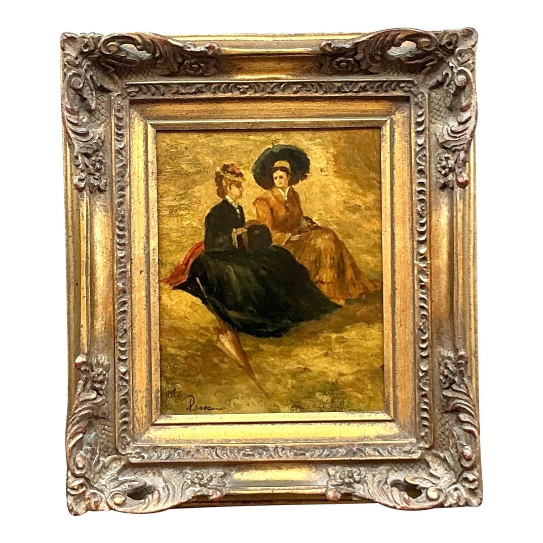 Vintage Regency Oil Portrait of Two Ladies in Gilded Frame: Vintage Regency Oil Portrait of Two Ladies in Gilded Frame Experience the refined beauty of Regency elegance with this original oil portrait featuring two elegantly dressed ladies in a serene conversa