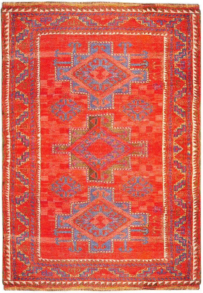 4'4" x 6' Handmade Persian Kazak Wool Rug Vintage Red Blue: 4'4" x 6' Handmade Persian Kazak Wool Rug Vintage Red Blue Free continental US Shipping Discover the timeless elegance of this exquisite 4' 4" x 6' Antique Handmade Persian Kazak Wool Rug, meticulousl