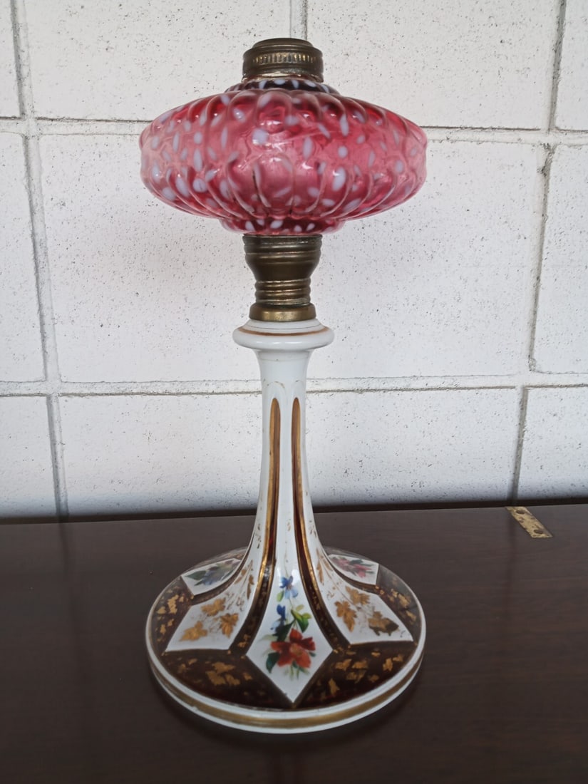 Antique kerosene lamp cranberry opalescent snowflake glass Moser Hobbs (1 of 10)