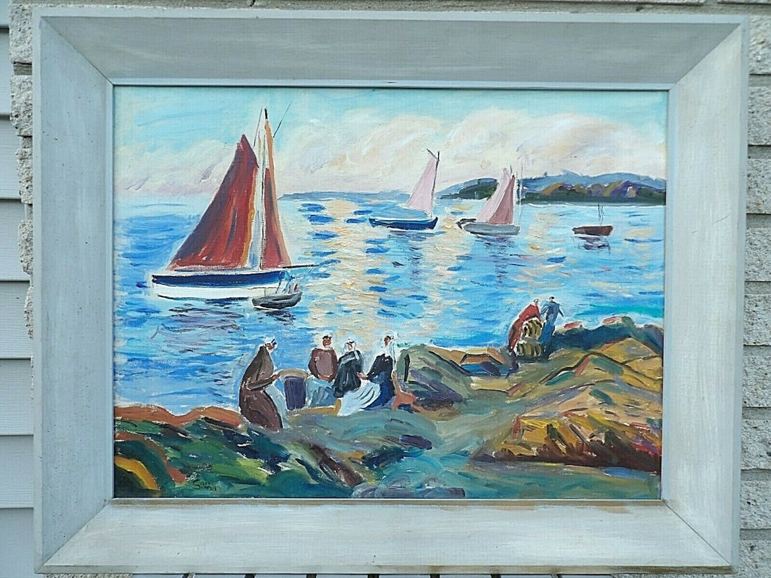 18x24 Modernist Beach Oil Painting France signed Swan: 18x24 Modernist Beach Oil Painting France signed Swan Original mid-century modern oil on canvas painting depicting a beach scene in La Baule, Brittany, France. The work is signed "Swan" and titled "Re
