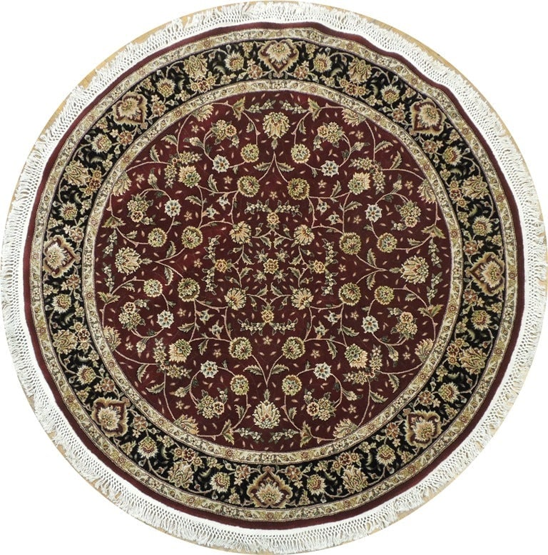 5' x 5'2" Red Hand-Knotted Wool Silk Round Area Rug: 5' x 5'2" Red Hand-Knotted Wool Silk Round Area Rug Free continental US Shipping Elevate your home decor with this exquisite 5' x 5' 2" Red Fine Quality Wool & Silk Round Rug. Skillfully handmade in C