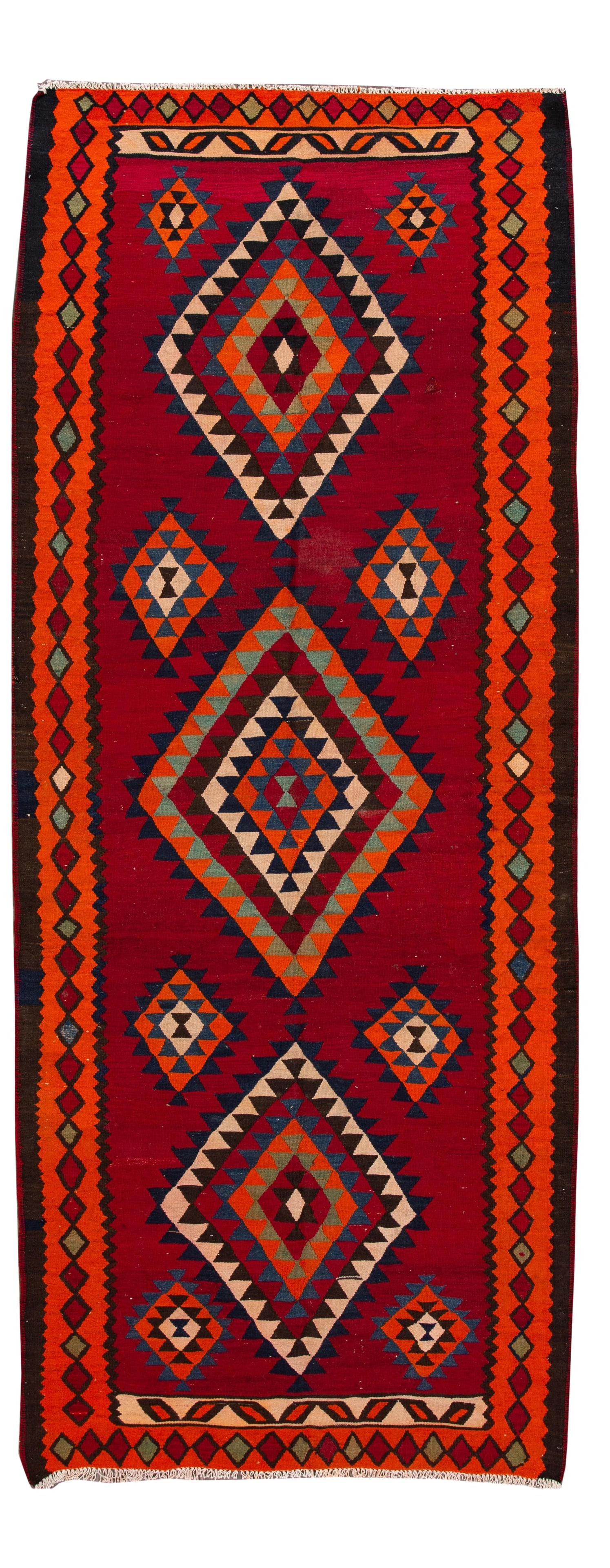 Hand-Woven Vintage Kilim Rug Red Orange Geometric 5'2 x 12'7 Wool: Hand-Woven Vintage Kilim Rug Red Orange Geometric 5'2 x 12'7 Wool This stunning mid-20th century vintage kilim rug features a vibrant red field with an orange frame and multicolored accents showcasing