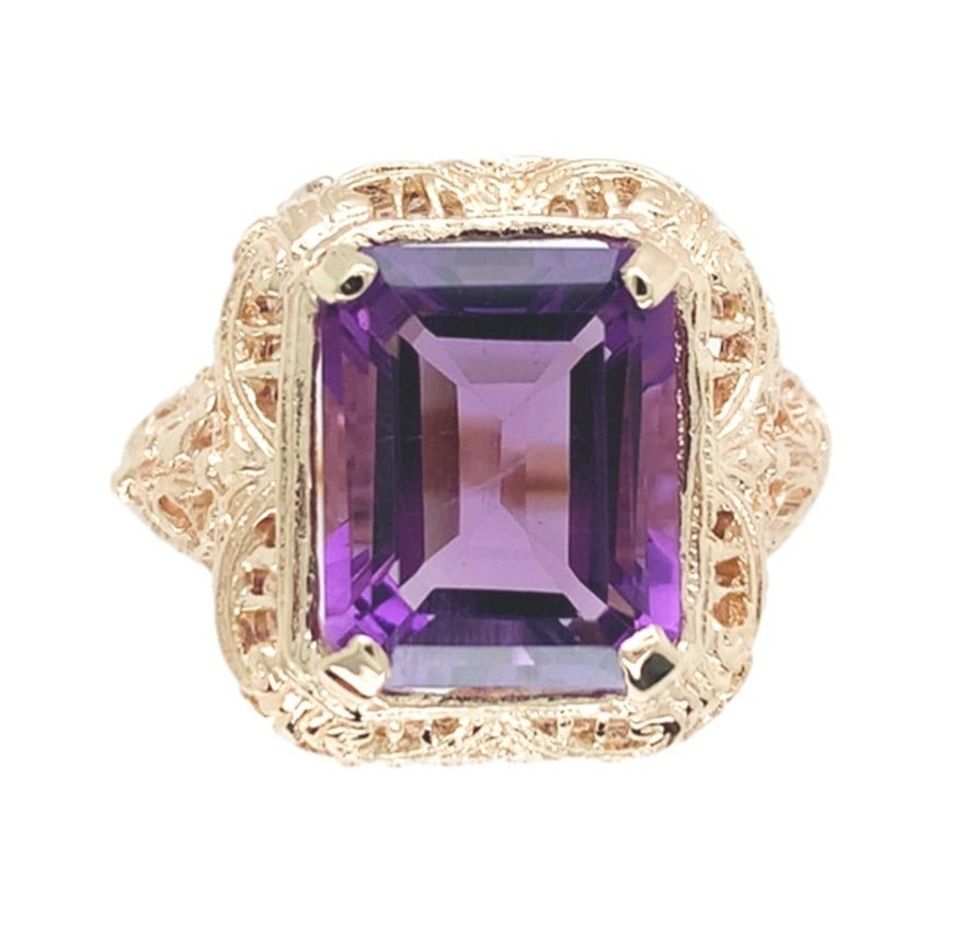 10k Yellow Gold 4.38ct Emerald Cut Amethyst Filigree Ring GIA Certified (1 of 11)