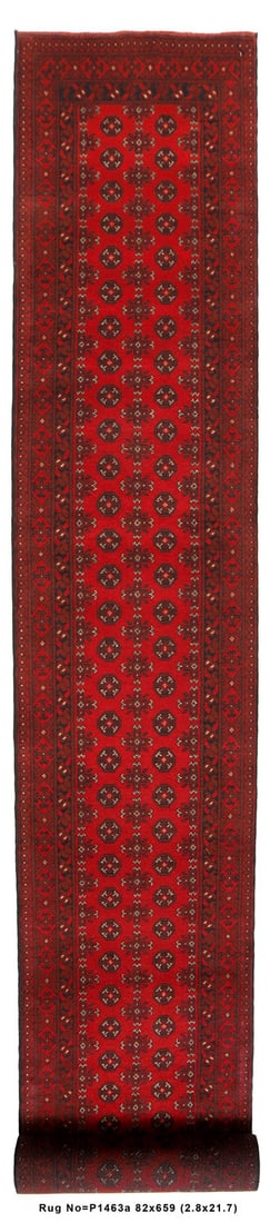 22' Handmade Wool Bokara Runner 2.8 x 21.7 Afghanistan Red Black: 22' Handmade Wool Bokara Runner 2.8 x 21.7 Afghanistan Red Black Free continental US Shipping Enhance your space with this stunning 22-foot long Afghanistan Handmade Wool Bokara Runner, a splendid rep