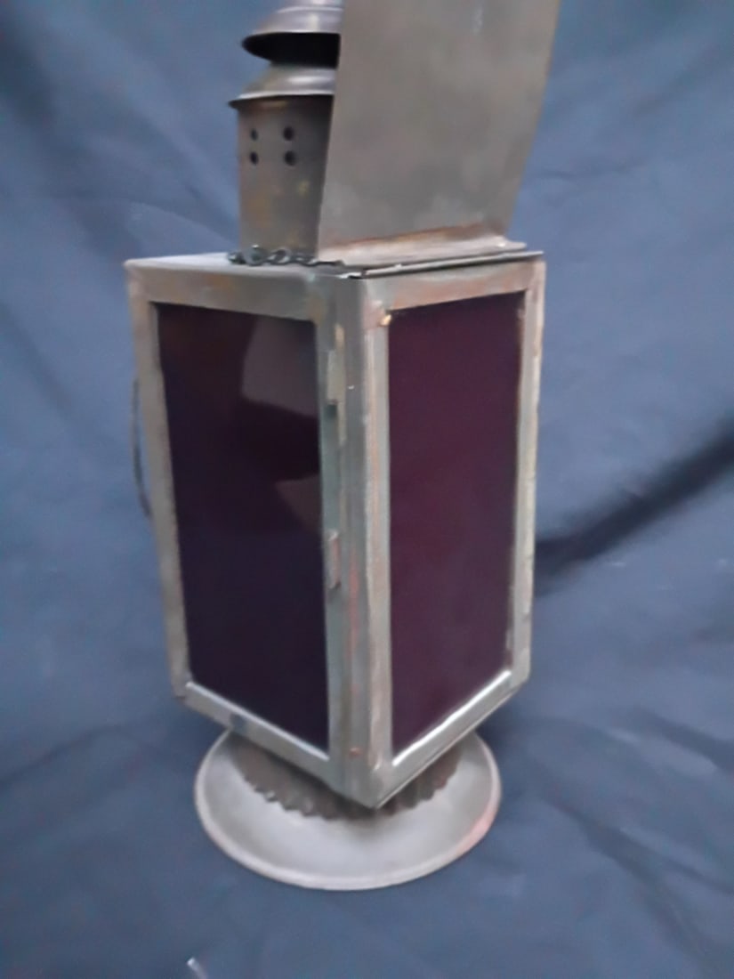 19th Century Tin Tole Oil Lamp Lantern Red Ribbed Glass 13" (1 of 7)